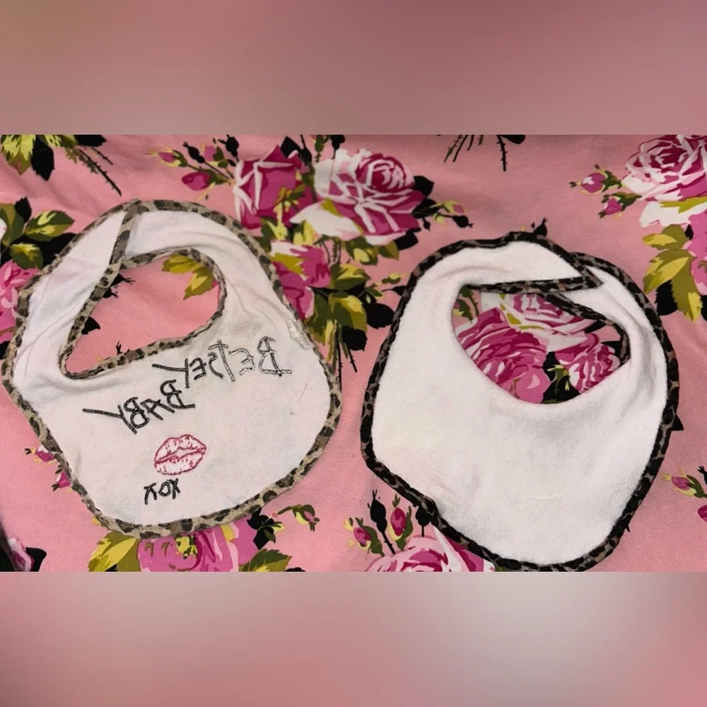 Betsey Johnson baby bibs pink black leopard embroidered xox vintage kids cute